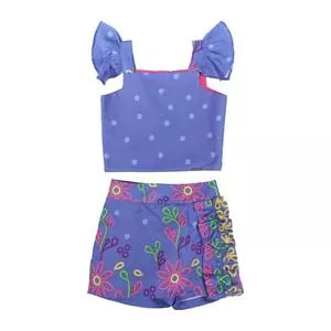 Conjunto De Cropped & Short Saia Floral<BR>- Azul & Pink