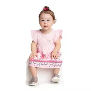 Vestido Ursinho<BR>- Rosa Claro & Vermelho