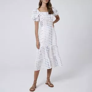 Vestido Midi Em Linho<BR>- Off White & Azul Escuro