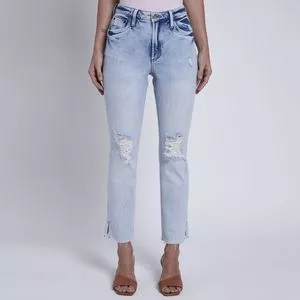 Calça Jeans Reta Com Bolsos<BR>- Azul Claro