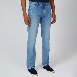 Calça Jeans Reta Com Bolsos<BR>- Azul