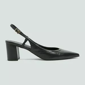 Slingback Em Couro<BR>- Preto