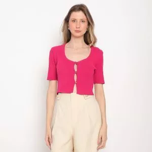 Cardigan Cropped Canelado<BR>- Pink<BR>- Morena Rosa