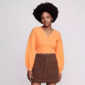 Suéter Cropped Com Lã<BR>- Laranja Claro<BR>- Dzarm