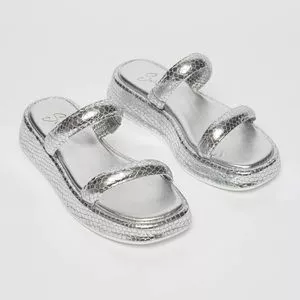 Tamanco Plataforma Em Couro<BR>- Prateado<BR>- Salto: 3cm