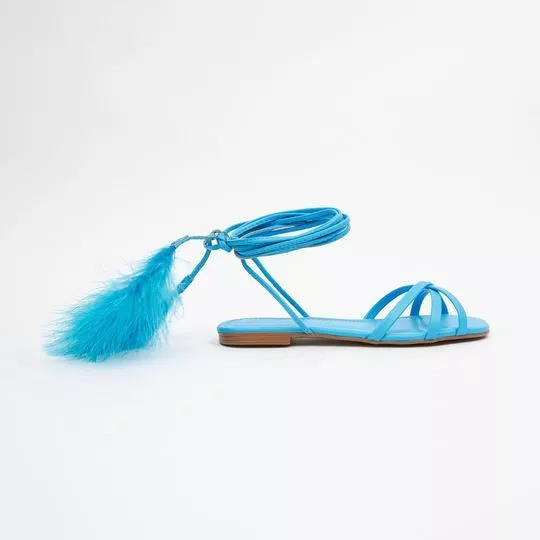 Sandália Rasteira Com Pluma- Azul
