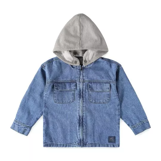 Jaqueta Jeans Com Capuz- Azul & Cinza