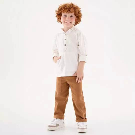 Conjunto De Bata & Calça Reta- Off White & Marrom