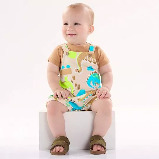 Conjunto De Body & Jardineira Dinossauros- Bege & Azul