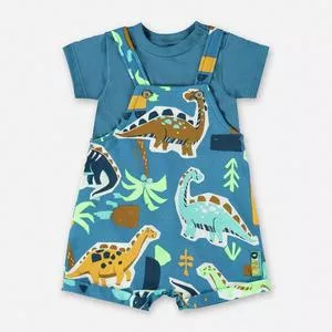 Conjunto De Body & Jardineira Dinossauros<BR>- Azul & Verde