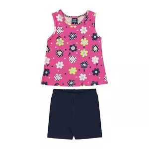 Conjunto De Blusa Floral & Short<BR>- Rosa & Azul Marinho<BR>- Bee Loop