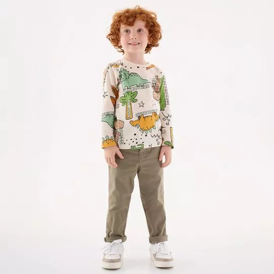 Camiseta Dinossauros- Off White & Verde