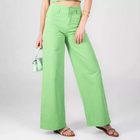 Calça Pantalona Com Recortes- Verde Claro- Traymon