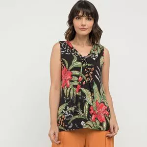 Blusa Floral<BR>- Preta & Verde