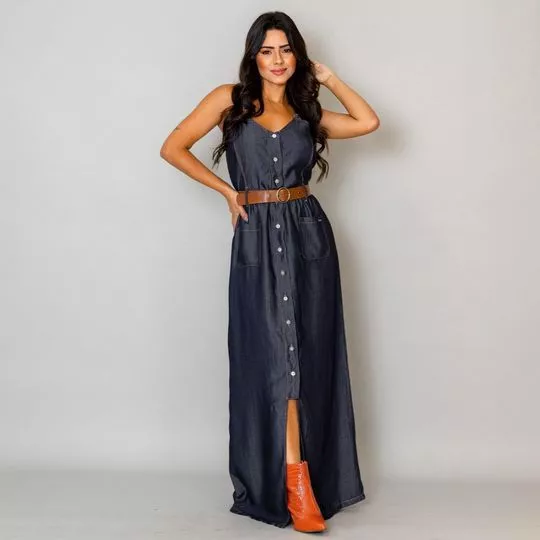 Vestido Jeans Longo Com Recortes- Azul Escuro- Consciência Jeans