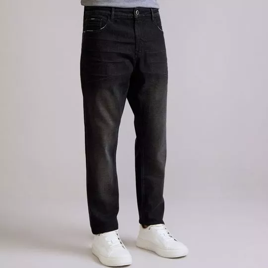 Calça Jeans Reta Com Bolsos- Preta