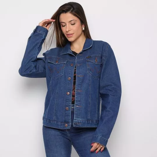 Jaqueta Jeans Com Recortes- Azul