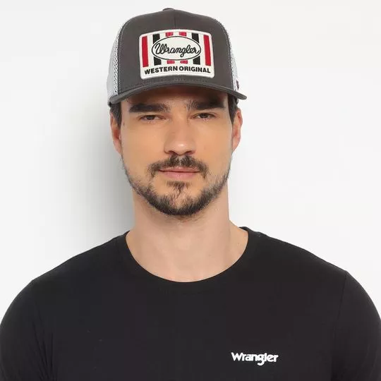Boné Wrangler® Com Bordados- Cinza Escuro & Branco
