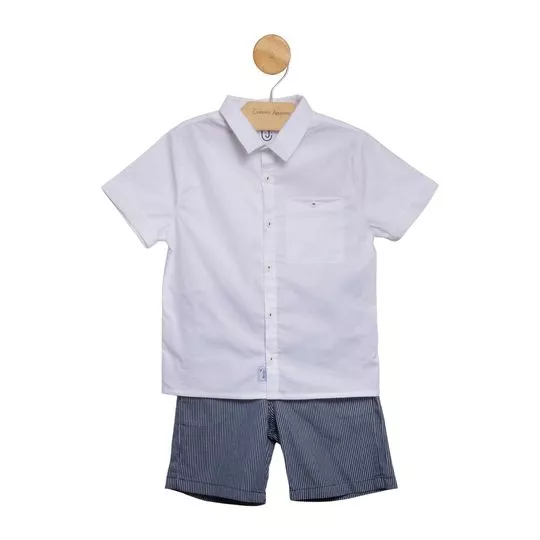 Conjunto De Camisa & Bermuda Listrada- Off White & Azul- Digi