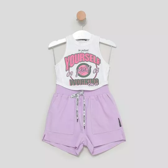 Conjunto De Blusa Com Inscrições & Short- Off White & Lilás- Vanilla Cream