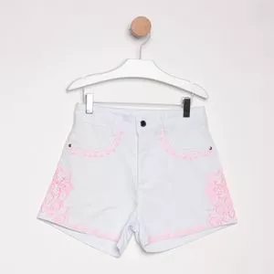 Short Em Sarja Com Bordados<BR>- Branco & Rosa Neon<BR>- PETIT CHERIE