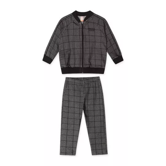 Conjunto De Casaco & Calça Reta Xadrez- Cinza Escuro & Preto