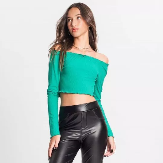 Cropped Ombro A Ombro Canelado- Verde- Minty