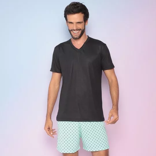 Pijama Geométrico- Preto & Verde Claro- Zulai