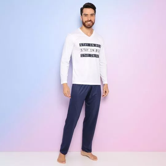 Pijama Com Inscrições- Branco & Azul Marinho- Zulai