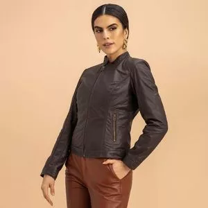 Jaqueta Em Couro Com Bolsos<BR>- Marrom Escuro<BR>- Javali Couros