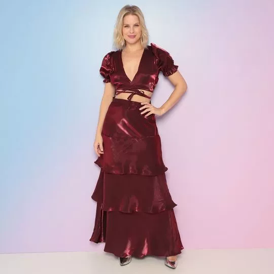 Conjunto De Cropped & Saia Longa Com Babados- Vinho- Lily Daisy