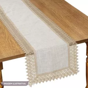 Caminho De Mesa Com Bordados<BR>- Bege & Marrom Claro<BR>- 40x175cm<BR>- Rafimex