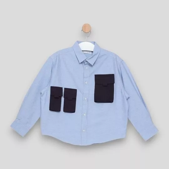 Camisa Xadrez Com Bolsos- Branca & Azul Claro