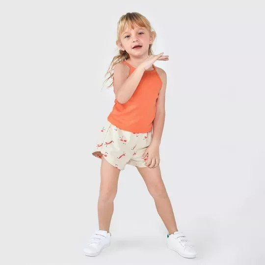 Short Flamingos Em Moletinho- Off White & Laranja