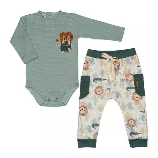 Conjunto De Body & Calça Jogger Leãozinhos -Verde & Branco