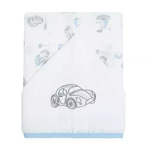 Toalha De Banho Com Capuz Carrinho<BR>- Branca & Azul<BR>- 110x90cm<BR>- 118 Fios