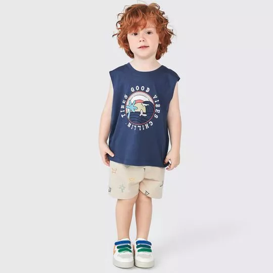 Conjunto De Regata & Bermuda Praia- Azul Marinho & Bege Claro