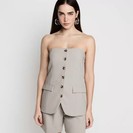 Blusa Sem Alça Com Botões- Bege Escuro