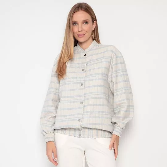Jaqueta Bomber Xadrez Com Linho- Bege Claro & Azul Claro- My Favorite Things