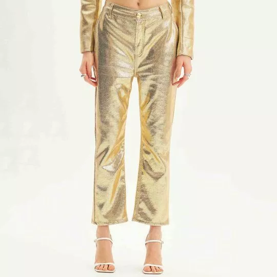Calça Reta High Metalizada- Dourada- Lança Perfume