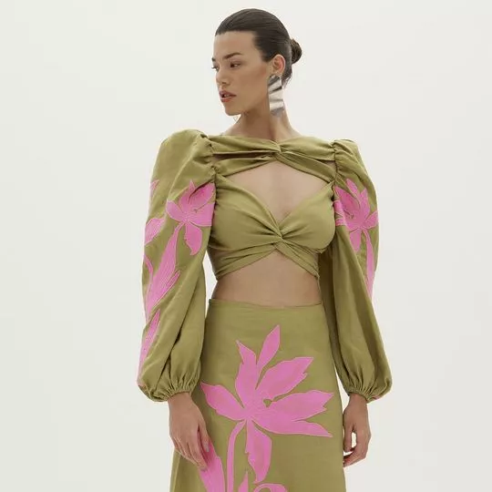 Cropped Floral Em Linho- Verde & Rosa
