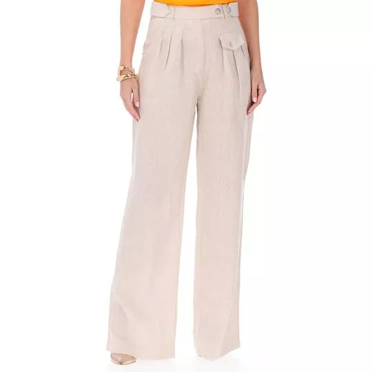 Calça Pantalona Em Linho- Bege Claro