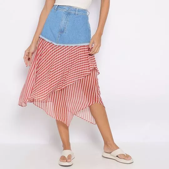 Saia Jeans Midi Listrada- Vermelha & Azul Claro- Zinco