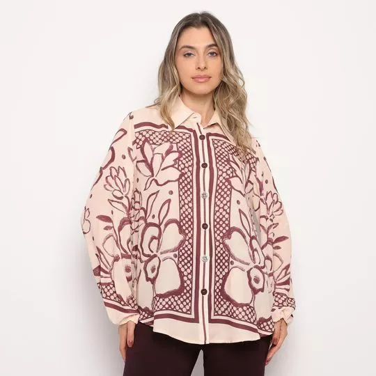Camisa Floral- Bege Claro & Rosa Escuro- Morena Rosa