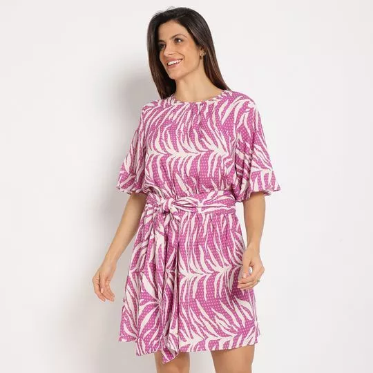 Vestido Curto Com Estampa Abstrata- Lilás & Branco- Morena Rosa