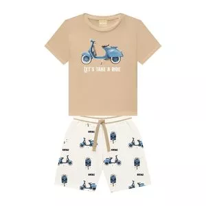 Conjunto De Camiseta & Bermuda Motinhos<BR>- Bege & Branco