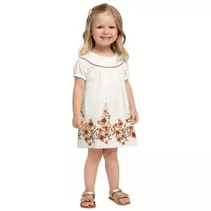 Vestido Floral Com Franzidos<BR>- Branco & Laranja Escuro