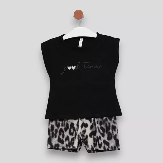 Conjunto De Blusa Corações & Short Oncinha- Preto & Cinza