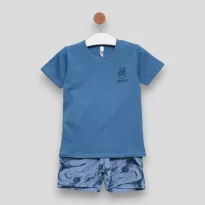 Conjunto De Blusa Peace & Bermuda Abstrato<BR>- Azul Escuro & Azul