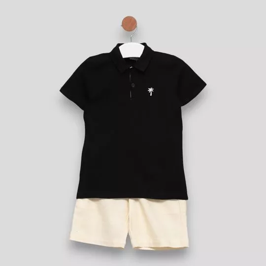 Conjunto De Polo Com Bordado & Bermuda- Preta & Off White